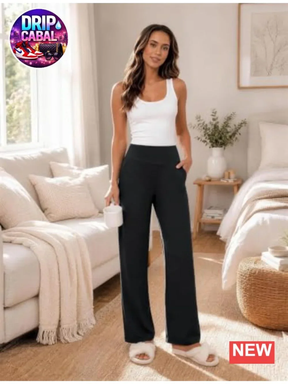 High Waisted Wide Leg Yoga Pants with Pockets, Stretchy Lounge Trousers, 4-Way